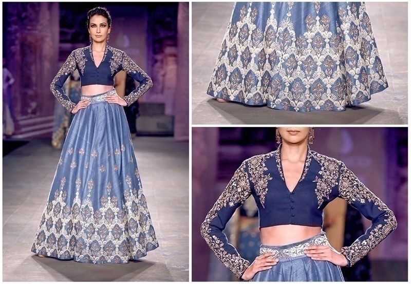 Embroidered Khadi Blouse with an Embellished Powder Blue Silk Lehenga