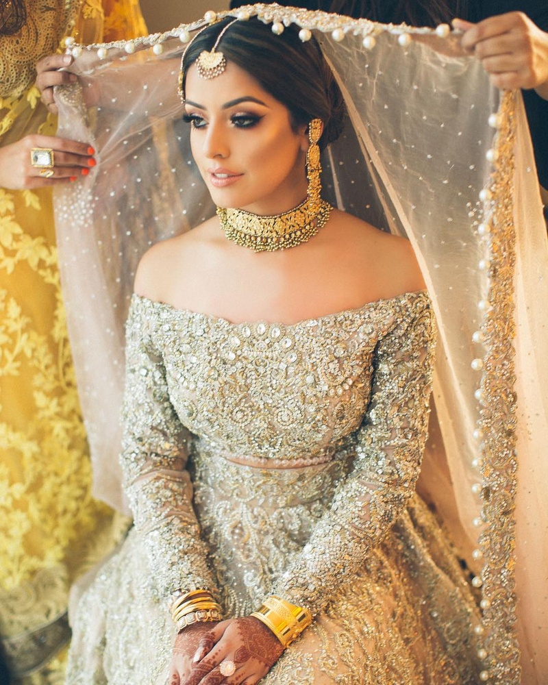 Photo of Off shoulder grey lehenga for engagement