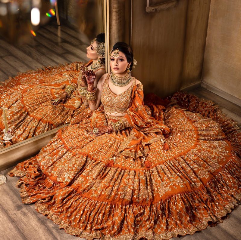 Red orange store combination bridal lehenga