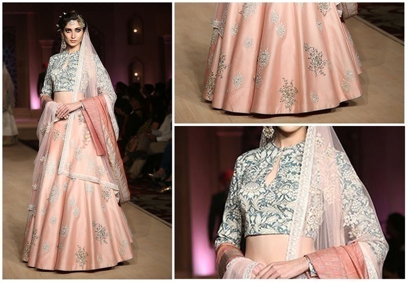 Blue Persian Print Blouse with Embroidered Blush Pink Lehenga