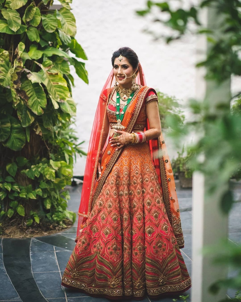 Pink & Orange Ombre Crepe Silk Leaf Printed Lehenga Set Design by Label  PS'B at Pernia's Pop Up Shop 2024