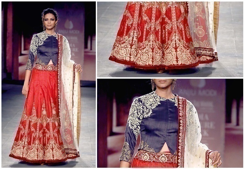 Dark Indigo Jacket-Blouse with a Red Embroidered Lehenga