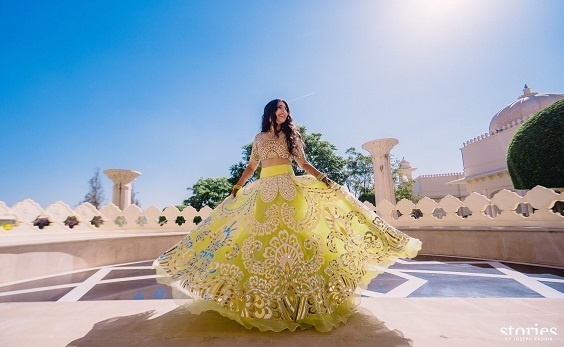 18) Lemon yellow lehenga with mirror work