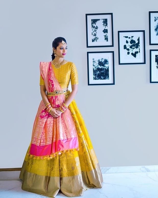 Buy Lime Yellow Lehenga Choli In Silk With Woven Nature Inspired Motifs And  Fuchsia Banarasi Dupatta Online - Kalki Fashion