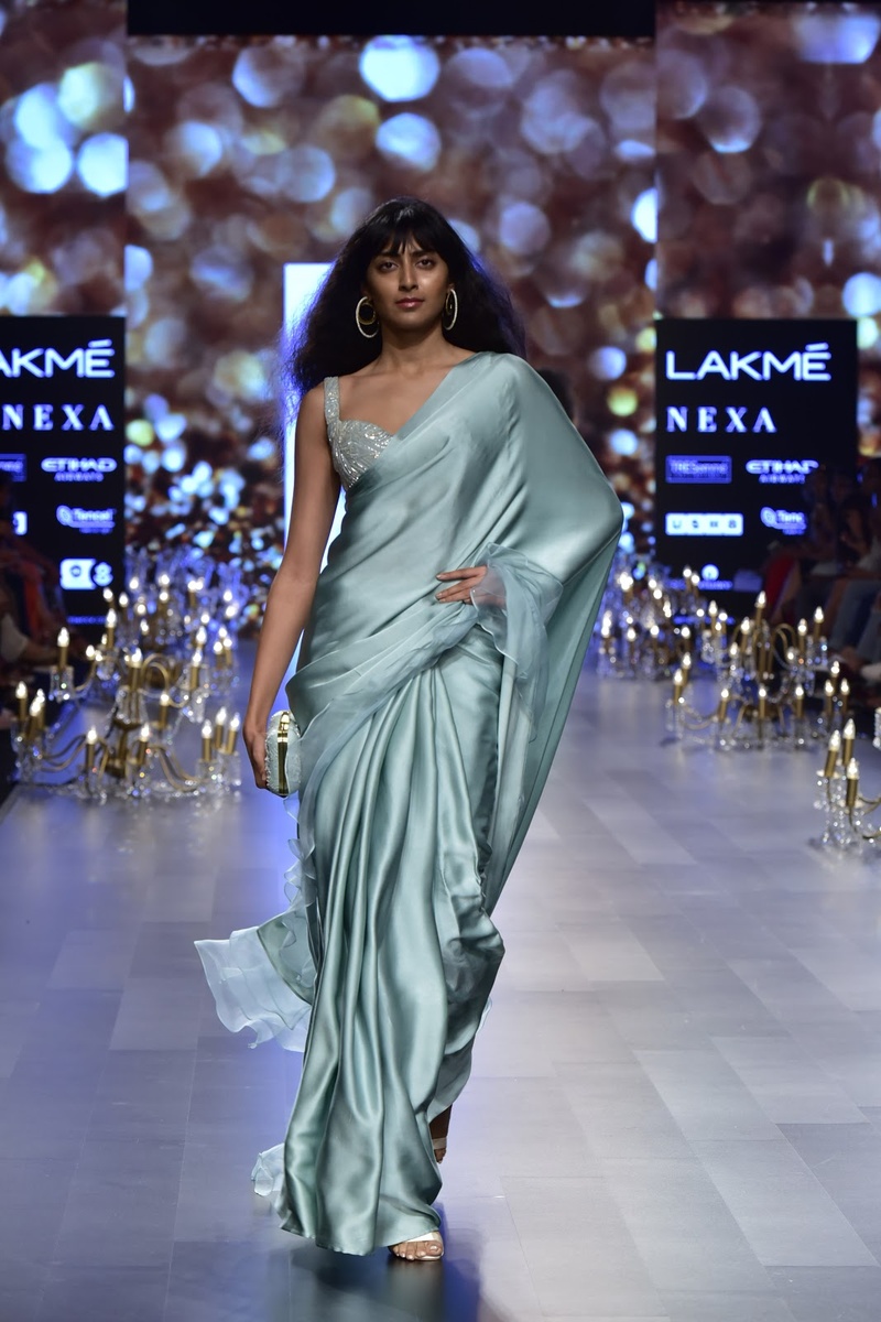 4. Ice blue satin saree for the win!