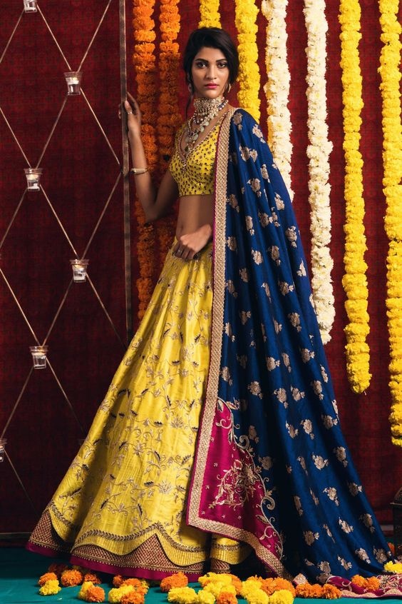 Buy Teal Green-Yellow Bridal Lehenga Choli From Ethnic Plus