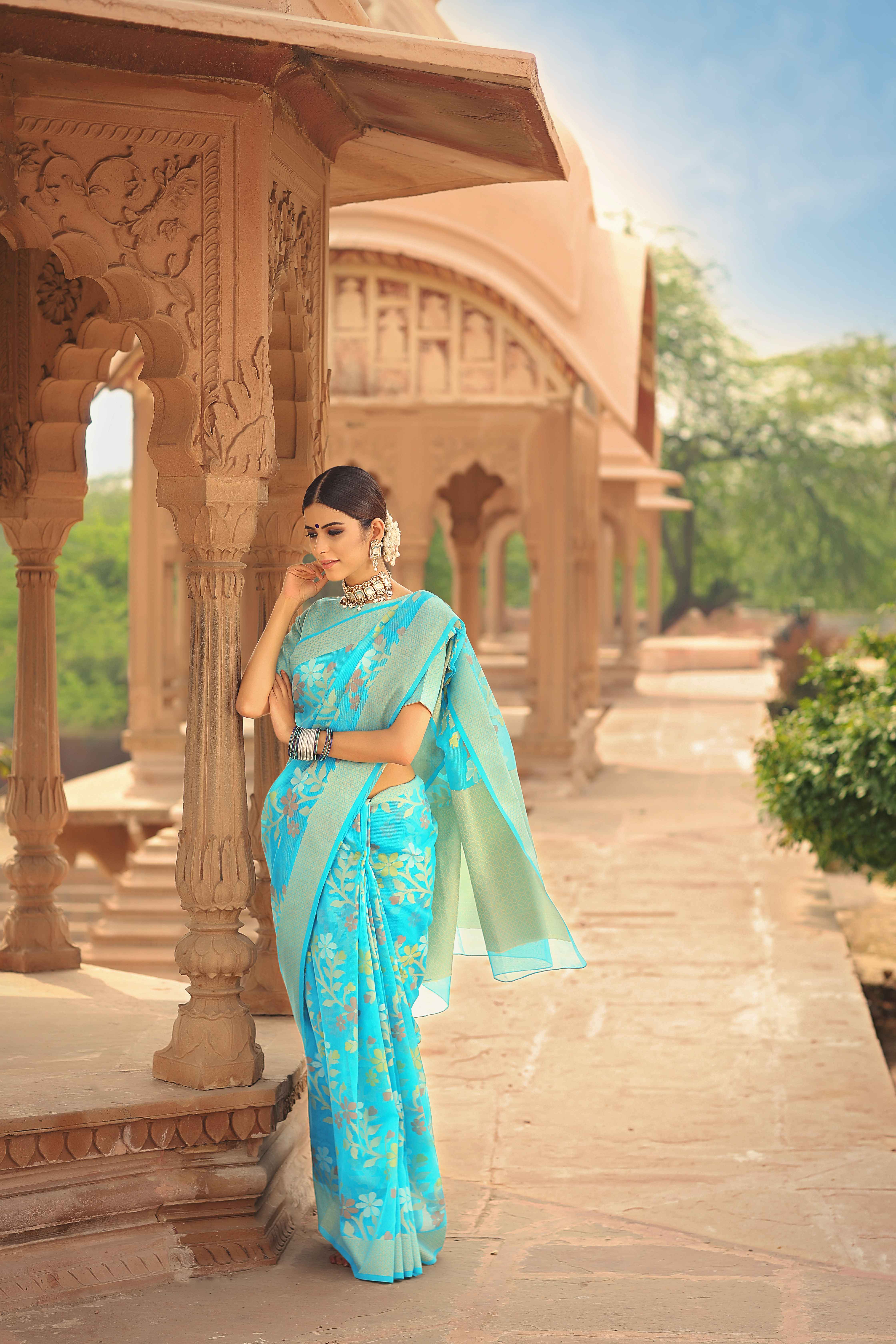 Buy Meena Bazaar Turquoise Handwoven Saree online Sarees Womens