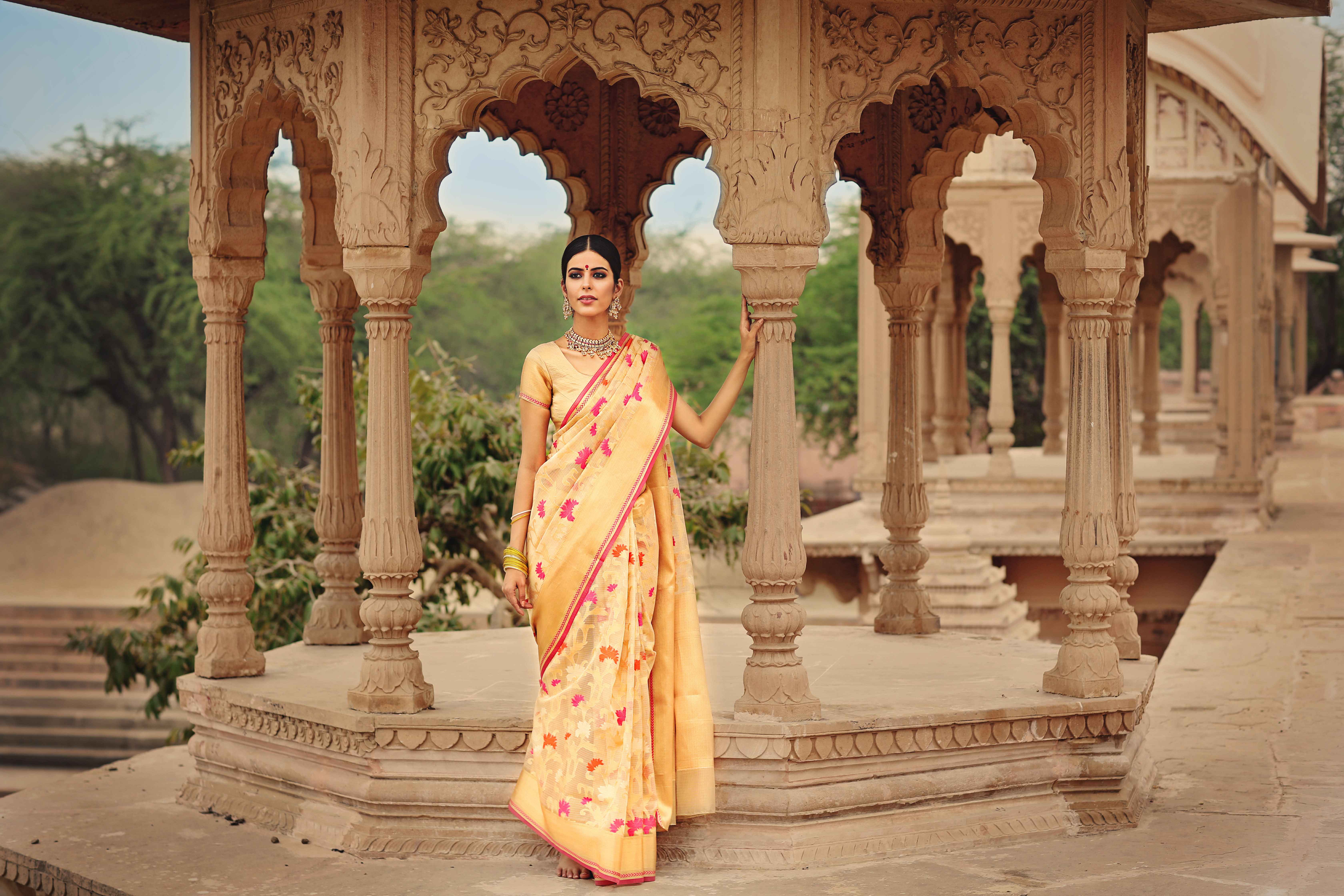 Buy Meena Bazaar Golden Flower Embroidered Saree online Sarees