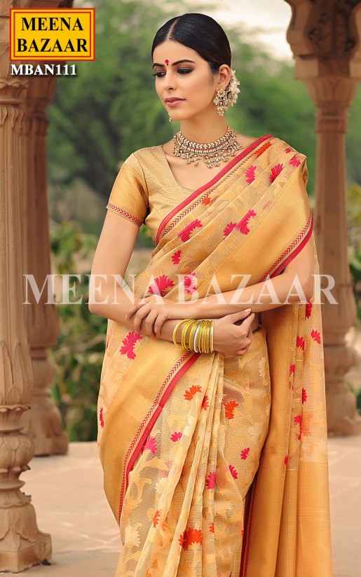 Buy Meena Bazaar Golden Flower Embroidered Saree online Sarees